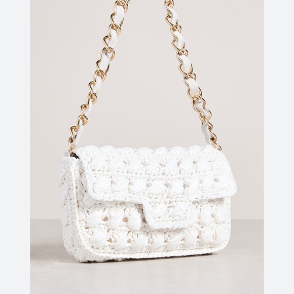 Caterina Bertini Cream Woven Knit Crochet Gold Chain Flap Bag - Picture 1 of 15